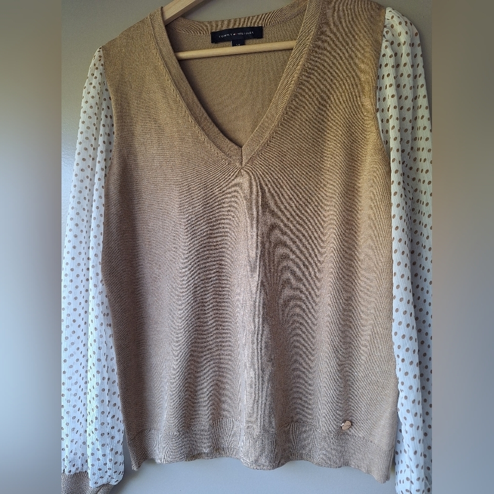 Tommy Hilfiger Dandy Dot Sheer Sleeve Knit Sweater Womens Size S/P V Neck Top